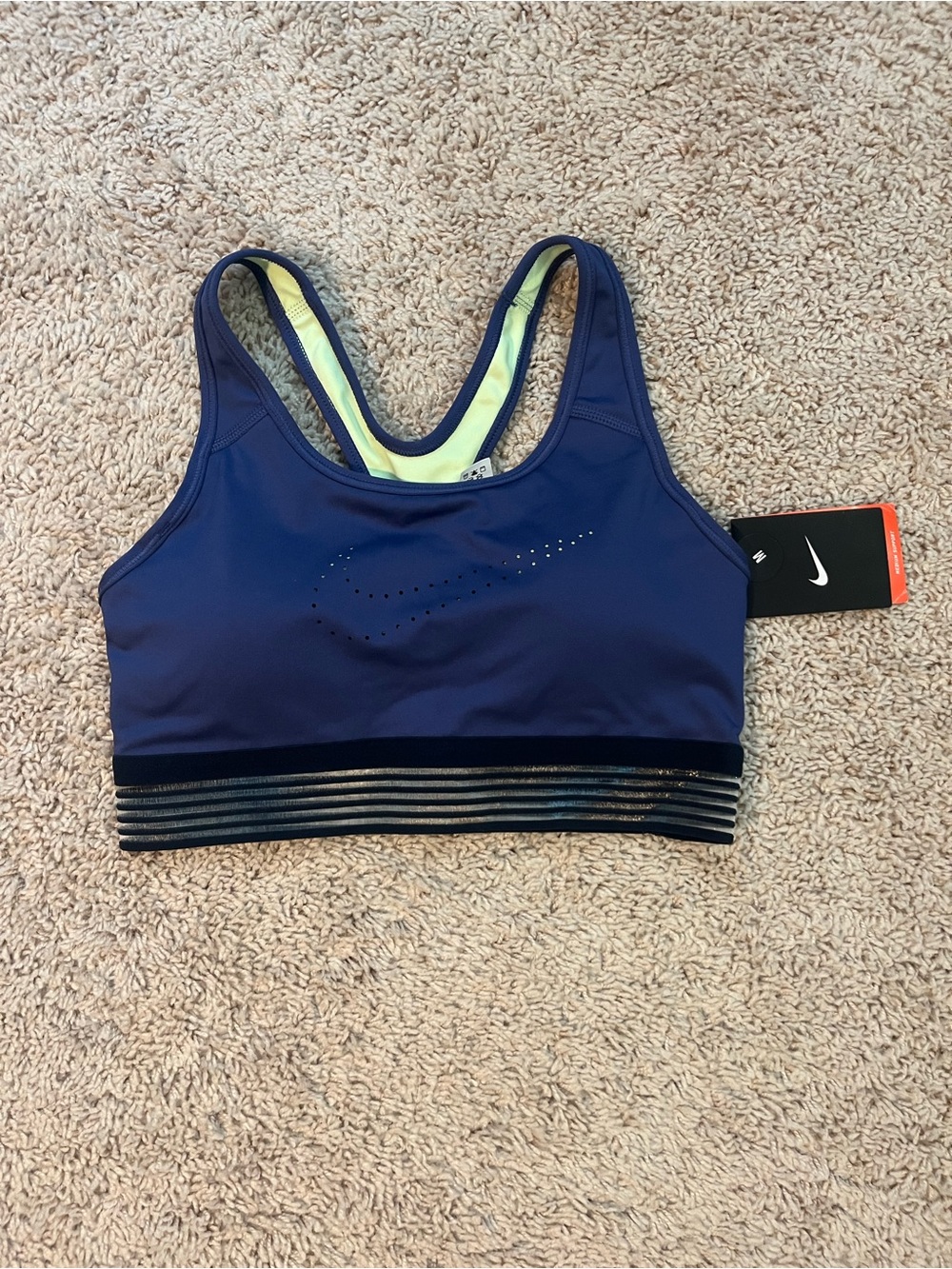 Nike Navy Sports Bra with Lime Lining and Striped Underband